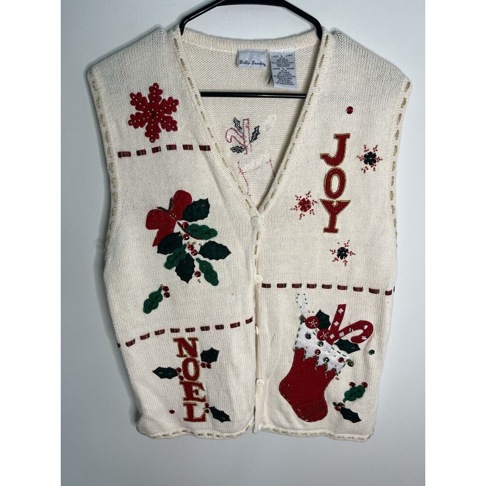 Bobbie Brooks Womens L White Christmas Holiday Sweater Vest Joy Noel